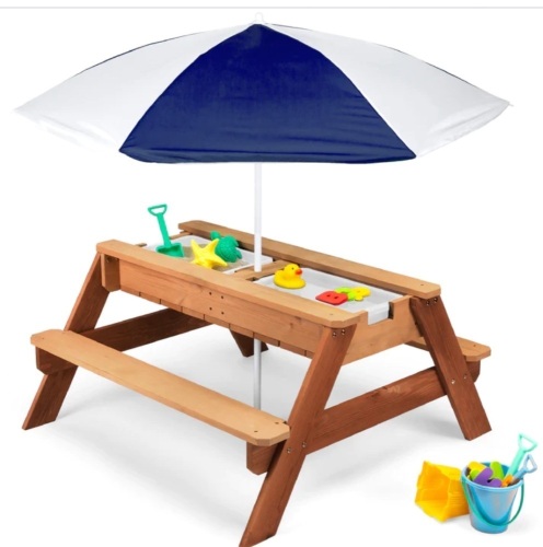 3-in-1 Kids Sand & Water Table Outdoor Wood Picnic Table w/ Umbrella - Lot 169