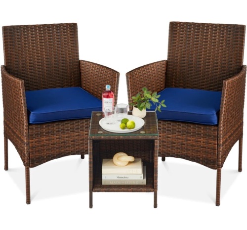 3-Piece Outdoor Patio Wicker Bistro Set w/ Side Storage Table - Lot 251