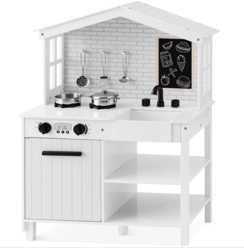 Kids Farmhouse Play Kitchen w/ Chalkboard, Storage Shelves, 5 Accessories - Lot 258