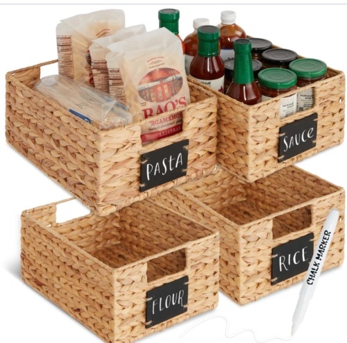 Set of 4 Water Hyacinth Pantry Baskets w/ Chalkboard, Marker - 12in - Lot 261