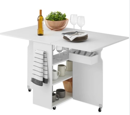Multipurpose Folding Table w/ Wheels, 3 Storage Shelves, Cubby, Handle - Lot 272
