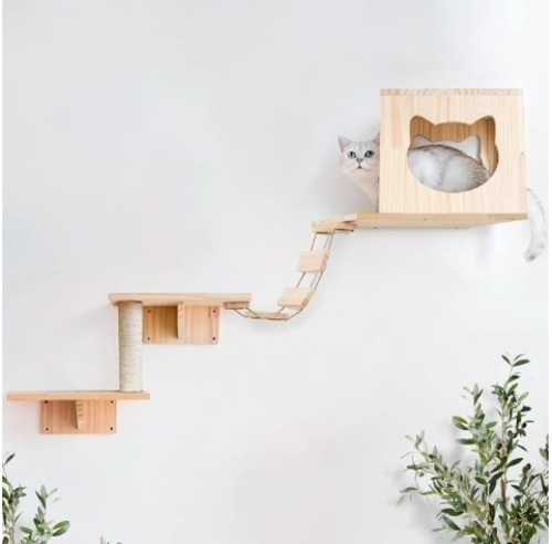 Cat Wall Shelves, Cat Shelves and Perches for Wall, Cat Wall Furniture Set 5 PCS Cat Wall Mounted with 1 Cat Condos House, 2 Cat Wall Shelves, 1 Cat Sisal Scratching Post, 1 Ladder - Lot 348