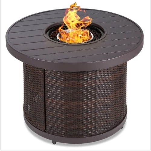 Round Fire Pit Table, 50,000 BTU Outdoor Wicker Firepit w/ Cover - 32in - Lot 373