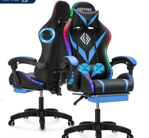 Hoffree Gaming Chair with Speakers PU Leather Office Chair with Footrest and LED Lights Ergonomic Gamer Chair with Massage Lumbar Support and Headrest Adjustable Swivel for Home Office 300lb - Lot 396