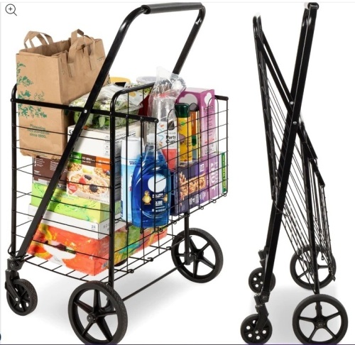 Folding Steel Grocery Cart w/ Double Basket, Swivel Wheels, 220lb Cap - Lot 460