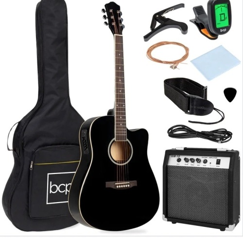 Beginner Acoustic Electric Cutaway Guitar Set w/ Case, Strap - 41in $209.99 - Lot 485