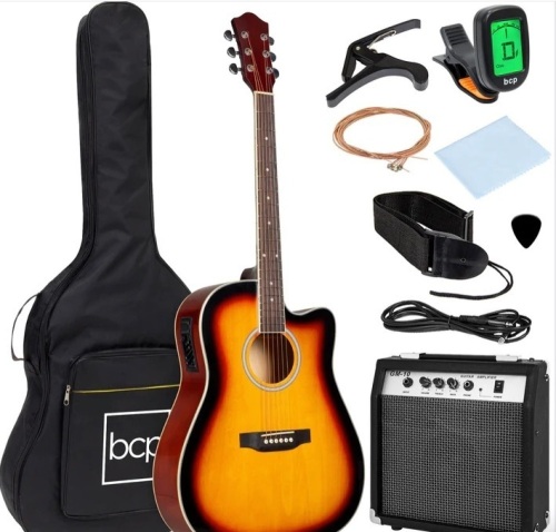 Beginner Acoustic Electric Cutaway Guitar Set w/ Case, Strap - 41in $209.99 - Lot 513