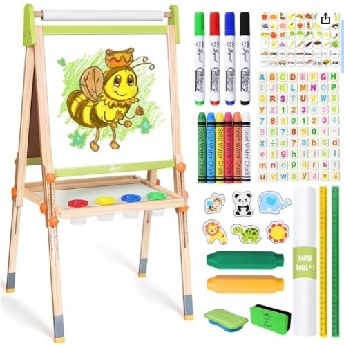Joyooss Art Easel for Kids, Double-Sided Magnetic Easel for Children with Whiteboard & Chalkboard, Deluxe Standing Easel for Toddler with Paper Roll & Painting Accessories - Lot 400