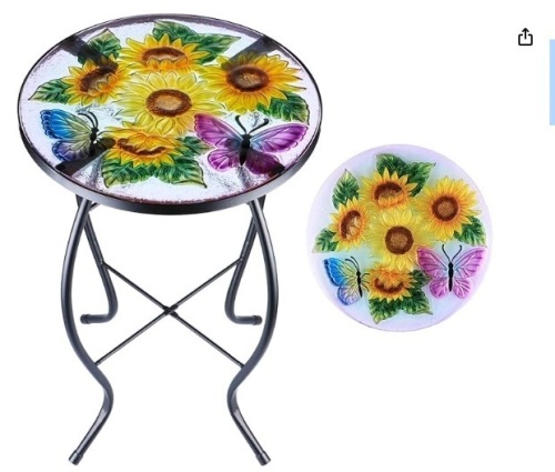 MUMTOP Outdoor Side Table - Patio Table Mosaic Coffee Side Tables Glass Accent Table 14’’Round Small Table Plant Stand for Indoor Garden Balcony (Sunflower) - Lot 401