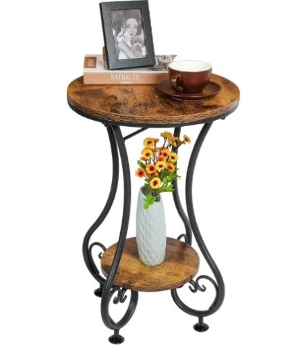 -cosrack End Table, Round Side Table for Small Spaces, Coffee Tea Table Nightstand Home Decor for Living Room Balcony Bedroom Office,Rustic Brown & Black - Lot 491