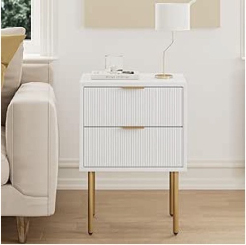 Masupu Nightstand,Mid-Century Modern Bedside Table with 2 Storage Drawer,Small Gold Frame Side End Table for Bedroom,Living Room (White) - Lot 495
