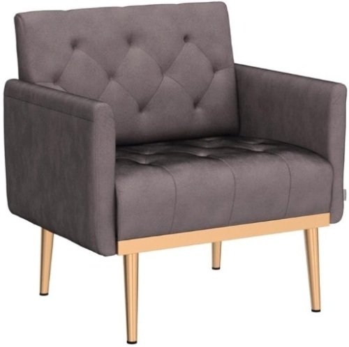 Olela Velvet Accent Chair with Arms for Living Room, Modern Tufted Single Sofa Armchair with Gold Metal Legs Upholstered Reading Club Chair for Bedroom Office Decorative (Grey - Velvet Smooth Back) - Lot 495