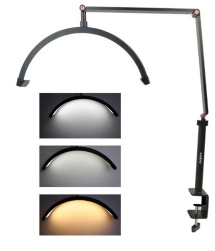 Andoer HD-M3X Desktop LED Video Light Half-moon Fill Light 3000K-6000K C-Clamp Desk Metal Light Stand for Makeup Live Streaming (white) - Lot 509