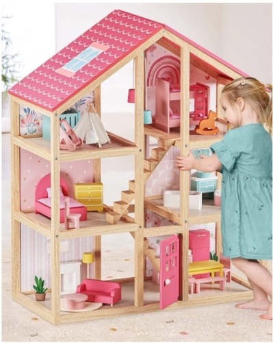 Tiny Land Wooden Dollhouse for Girls - 6 Rooms Wooden Doll House, DIY Pretend Dream House with 30Pcs Furniture Accessories, Gift for Girl Ages 3+ - Lot 594