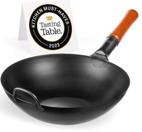 YOSUKATA Carbon Steel Wok Pan – 13,5 “ Stir Fry Pans - Chinese Wok with Flat Bottom Pow Wok - Traditional Japanese Woks - Black Carbon Steel - Lot 598
