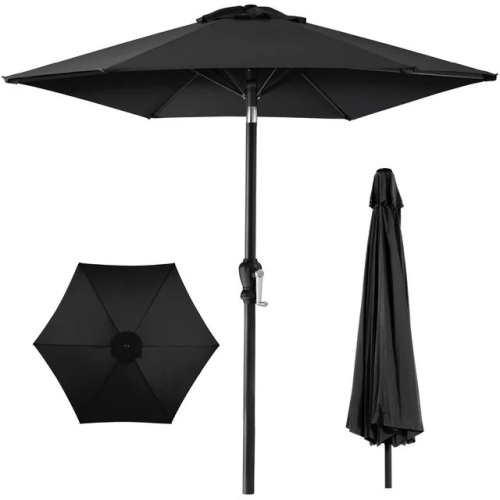 Outdoor Steel Market Patio Umbrella w/ Crank, Tilt Push Button, 6 Ribs - Black - Lot 739