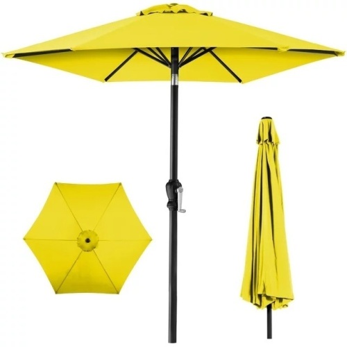 10ft Outdoor Steel Market Patio Umbrella w/ Crank, Tilt Push Button, 6 Ribs - Yellow - Lot 747
