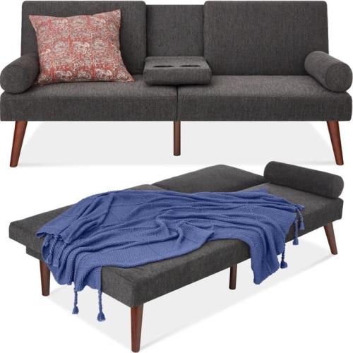Fabric Upholstered Convertible Futon w/ Rounded Armrests, 2 Cupholders - Lot 750