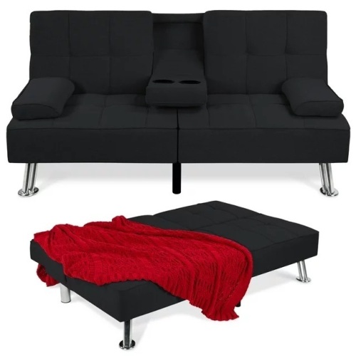 Modern Linen Convertible Futon Sofa Bed w/ Removable Armrests, Metal Legs, Cupholders - Black - Lot 752