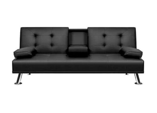 Black 66 in. Faux Leather Upholstered Convertible Folding Futon Sofa Bed 2 Cupholders  - Lot 109