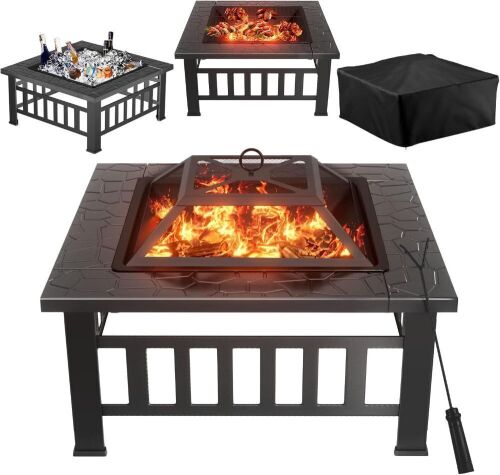 Square Metal Patio Fire Pit Table, 32in  - Lot 140