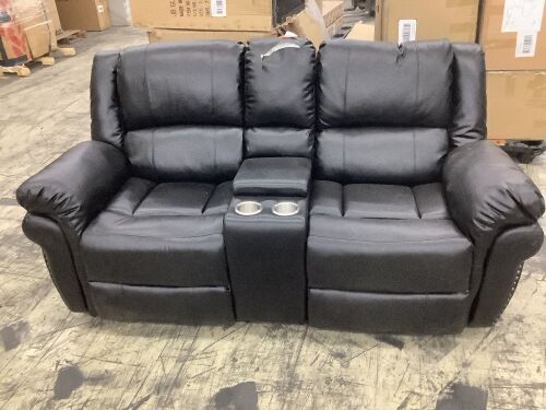 79 in. Slope Arm PVC Faux Leather with Cup Holder and Storage Modern Reclining Sofa - Damaged Headrest Frame & Upholstery  - Lot 210