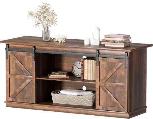 58 in. Rustic Oak Composite TV Stand for TV's up to 65 in. w/ Sliding Barn Door and Adjustable Cabinets  - Lot 338