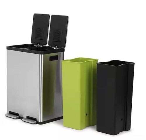 16 Gallon Rectangular Hands-Free Dual Compartment Recycling Kitchen Step Trash Can with Soft-Close Lid, Stainless Steel  - Lot 431