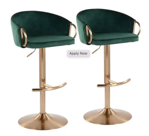 LumiSource Claire 42.25 in. Green Velvet and Gold Metal Adjustable Bar Stool, Set of 2 - Lot 25
