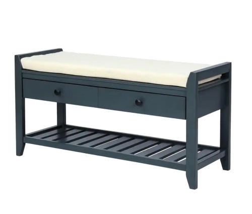 Entryway Blue Storage Bench with Cushioned Seat, Drawers and Shoe Rack 19.8 in. H x 39 in. W x 14 in. D - Lot 63