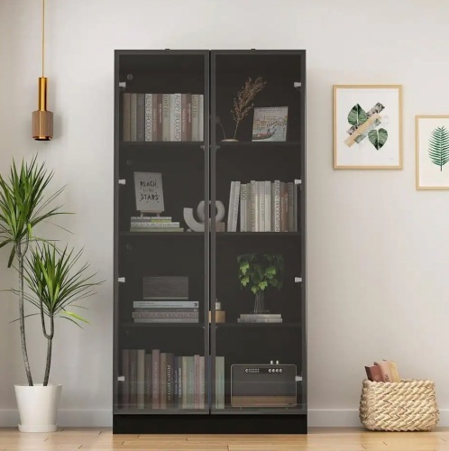 Black Wood 3-Shelf Bookcase with 3-Color LED Lights and Tempered Glass Doors 63 in. H x 31.5 in W - Lot 22