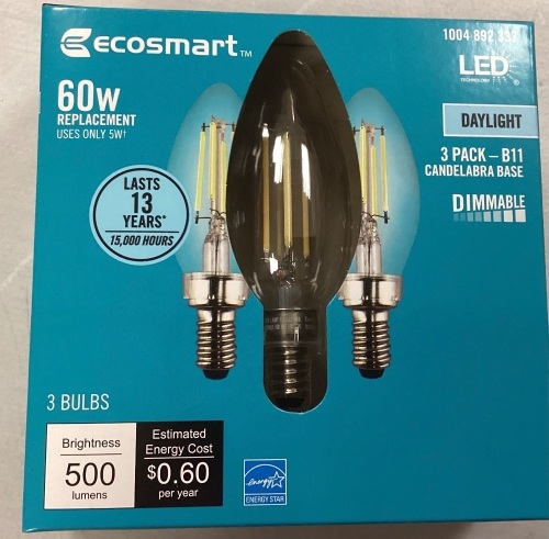 EcoSmart 60-Watt Equivalent B11 Dimmable Energy Star Clear Filament Vintage Style LED Light Bulb Daylight, 3 pack. box of 4 - Lot 220