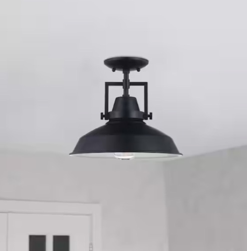 Wilhelm 12 in. 1-Light Black Industrial Farmhouse Semi-Flush Mount Ceiling Light Fixture with Metal Shade - Lot 224