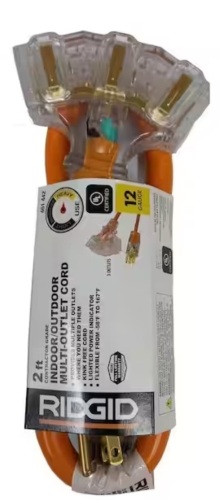 2 ft. 12/3 Heavy Duty Indoor/Outdoor Extension Cord with Multiple Outlet Triple Tap Lighted End, Orange/Grey. Lot of 4 - Lot 225