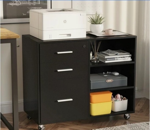 3 Drawer Wood File Cabinet, Mobile Lateral Filing Cabinet, Printer Stand with Open Storage Shelves for Home Office, Black - Lot 284