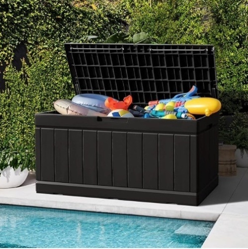 Resin Deck Box Large Outdoor Storage for Patio Furniture, Garden Tools, Pool Supplies, Weatherproof and UV Resistant, Lockable, Black - Lot 288