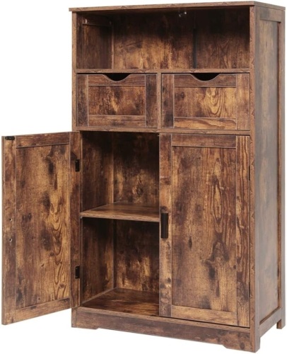 Iwell Storage Cabinet with 2 Drawers & 2 Shelves, Freestanding Storage Cabinet with Door, Cupboard, Floor Cabinet for Living Room, Bathroom, Rustic Brown - Lot 779