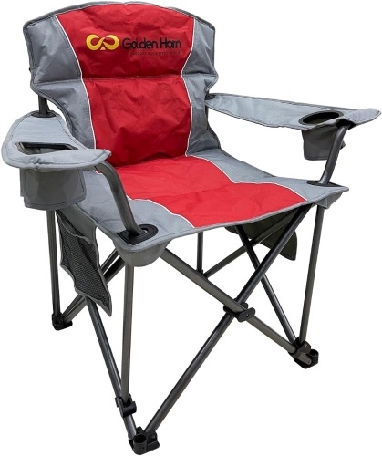 Outdoor Oversized Camping Folding Chair Heavy Duty Support 500 LBS Oversized Steel Frame Foldable Padded Arm Chair with Cup Holder Quad Lumbar Back,Red-Golden Horn  - Lot 787