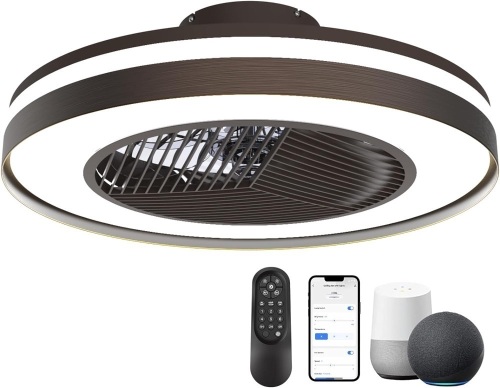 JHHF Ceiling Fan with Lights Remote Control,Dimmable Fan Lighting, 20'' Enclosed Bladeless Fan, Semi Flush Mount,2.4GHz Wi-Fi Bluetooth & App Controlled Works with Alexa and Google Assistant (Brown)  - Lot 788