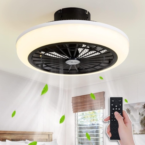 SKEJAO Low Profile Ceiling Fan with light,Bladeless Ceiling Fan with Light,18 inch 3 Colors 6 Speeds Enclosed Flush Mount Ceiling Fan with Lights for Bedroom Kitchen,Black - Lot 798