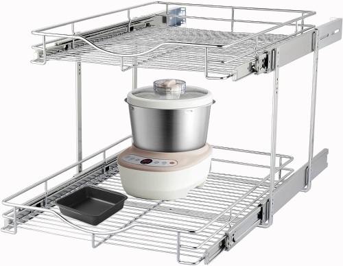 DINDON 2 Tier Pull Out Cabinet Organizer (11" W X 21" D), Double Tier Wire Basket Slide Out Shelf Storage for Kitchen Base Cabinet Organization ​for Kitchen, Pantry, Bathroom, Chrome  - Lot 800