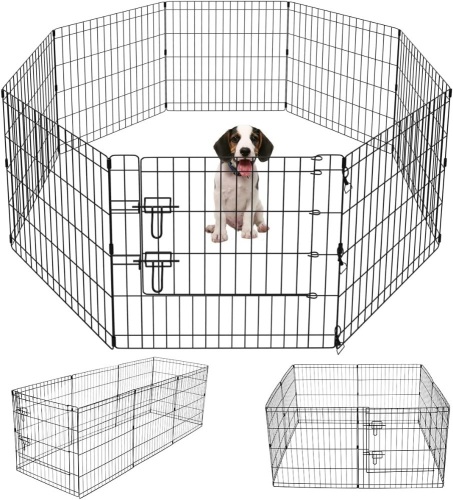 Artmeer Pet Playpen Puppy Playpen Kennels Dog Fence Exercise Pen Gate Fence Foldable Dog Crate 8 Panels 24 Inch Kennels Pen Playpen Options Ideal for Pet Animals Outdoor Indoor(Black 24''x24'')  - Lot 801