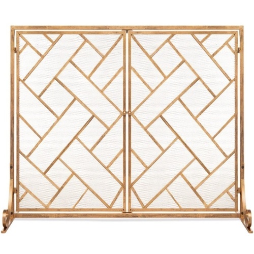 2-Panel Wrought Iron Geometric Fireplace Screen w/ Magnetic Doors - 44x33in  - Lot 808
