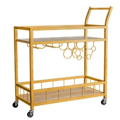 Lacoo Bar Cart Gold, Home Bar Serving Cart, Wine Cart with 2 Shelves, Wine Holders, Glass Holders, for Kitchen, Dining Room, Gold - Lot 301