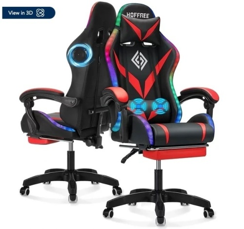 Hoffree Gaming Chair with Speakers PU Leather Office Chair with Footrest and LED Lights Ergonomic Gamer Chair with Massage Lumbar Support and Headrest Adjustable Swivel for Home Office 300lb $265.99 - Lot 354