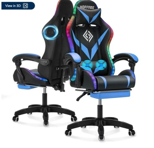 Hoffree Gaming Chair with Speakers PU Leather Office Chair with Footrest and LED Lights Ergonomic Gamer Chair with Massage Lumbar Support and Headrest Adjustable Swivel for Home Office 300lb $265.99 - Lot 355