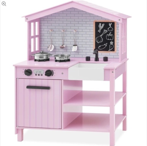 Kids Farmhouse Play Kitchen w/ Chalkboard, Storage Shelves, 5 Accessories $119.99 - Lot 338