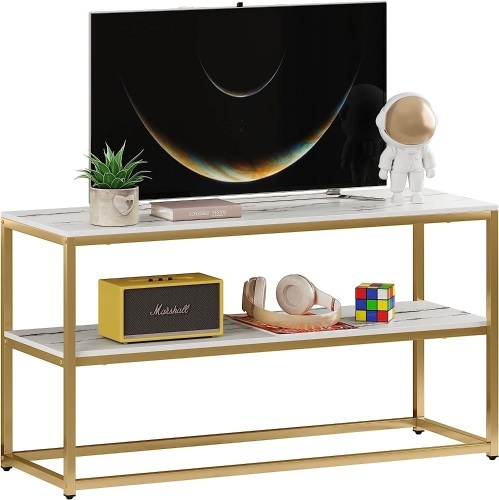 Function Home TV Stand for TVs up to 50 Inch, 3 Tier Entertainment Center, Modern TV Cabinet with Marble Top and Gold Metal Base, 42" Media Console Table with Storage for Living Room Bedroom - Lot 896