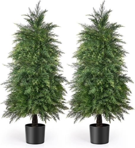 YEMMEN 2 Pack 4ft Artificial Cedar Topiary Trees for Outdoor Front Porch Décor, UV Rated Fake Potted Plants for Indoor and Outdoor Use - Lot 919