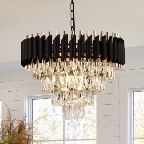 AXILIXI Modern Crystal Chandelier 20" Crystal Ceiling Pendant Light 4 Tiers Raindrop Flush Mount Chandelier Black and Gold Hanging Lamp Fixtures Round Chandelier for Entryway Foyer Dining Room - Lot 1009